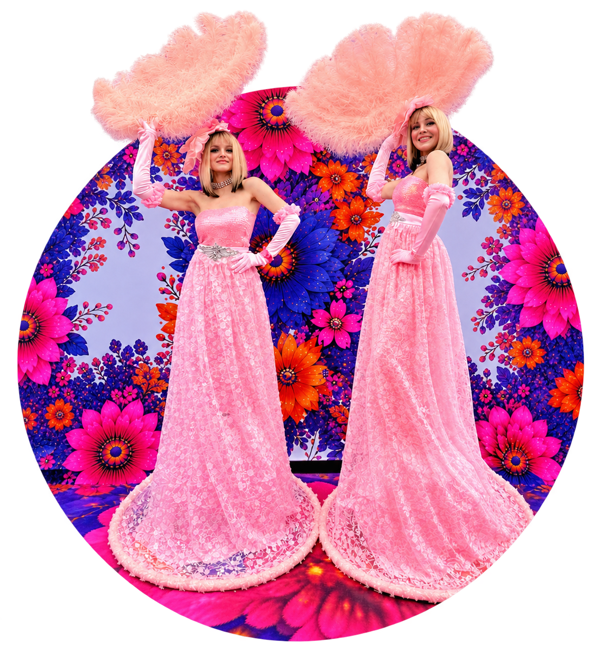 Two Neon Circus showgirls in pink gowns with large feather fans
